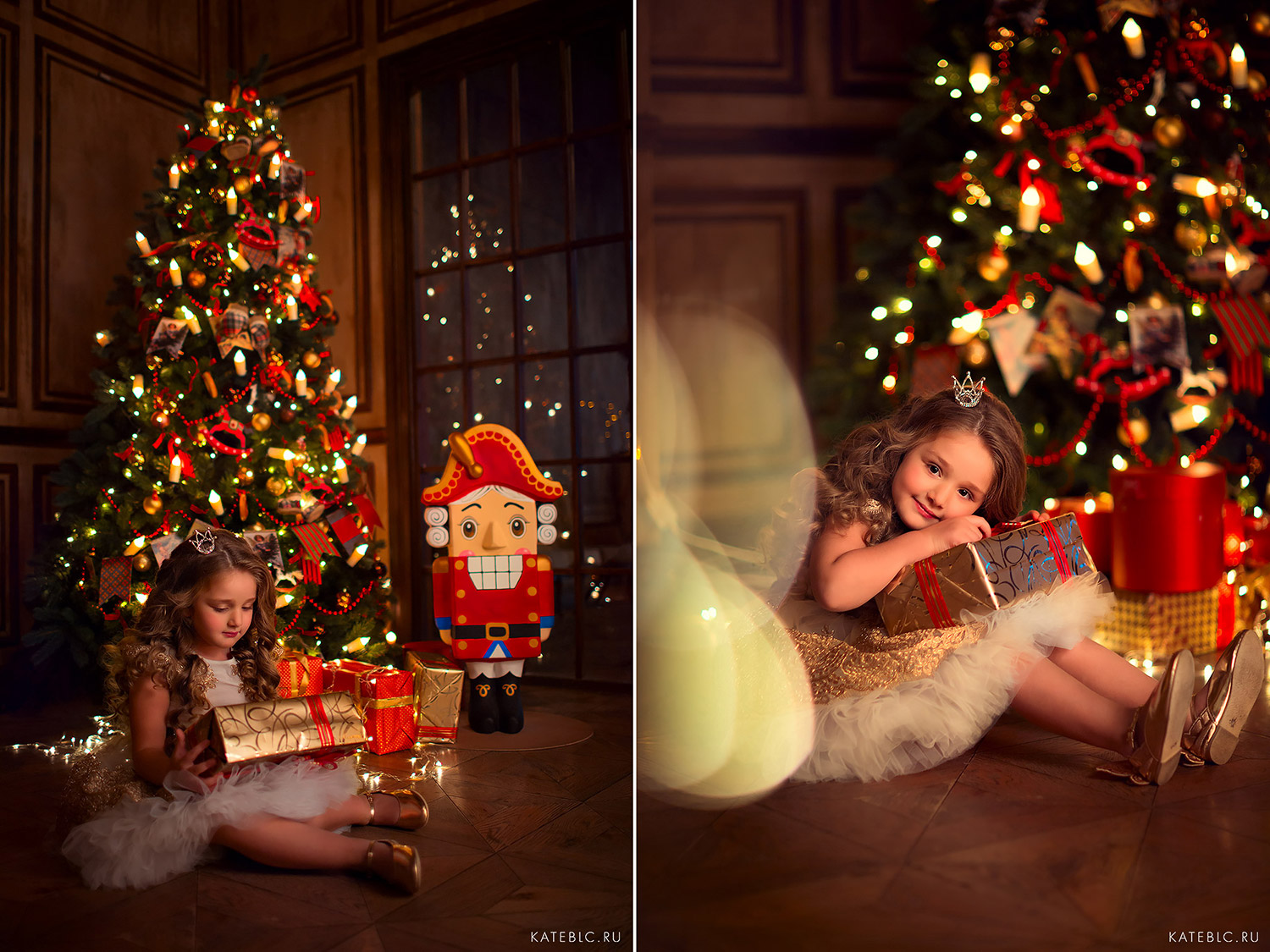 новогодняя фотография девочка с подарком у елки